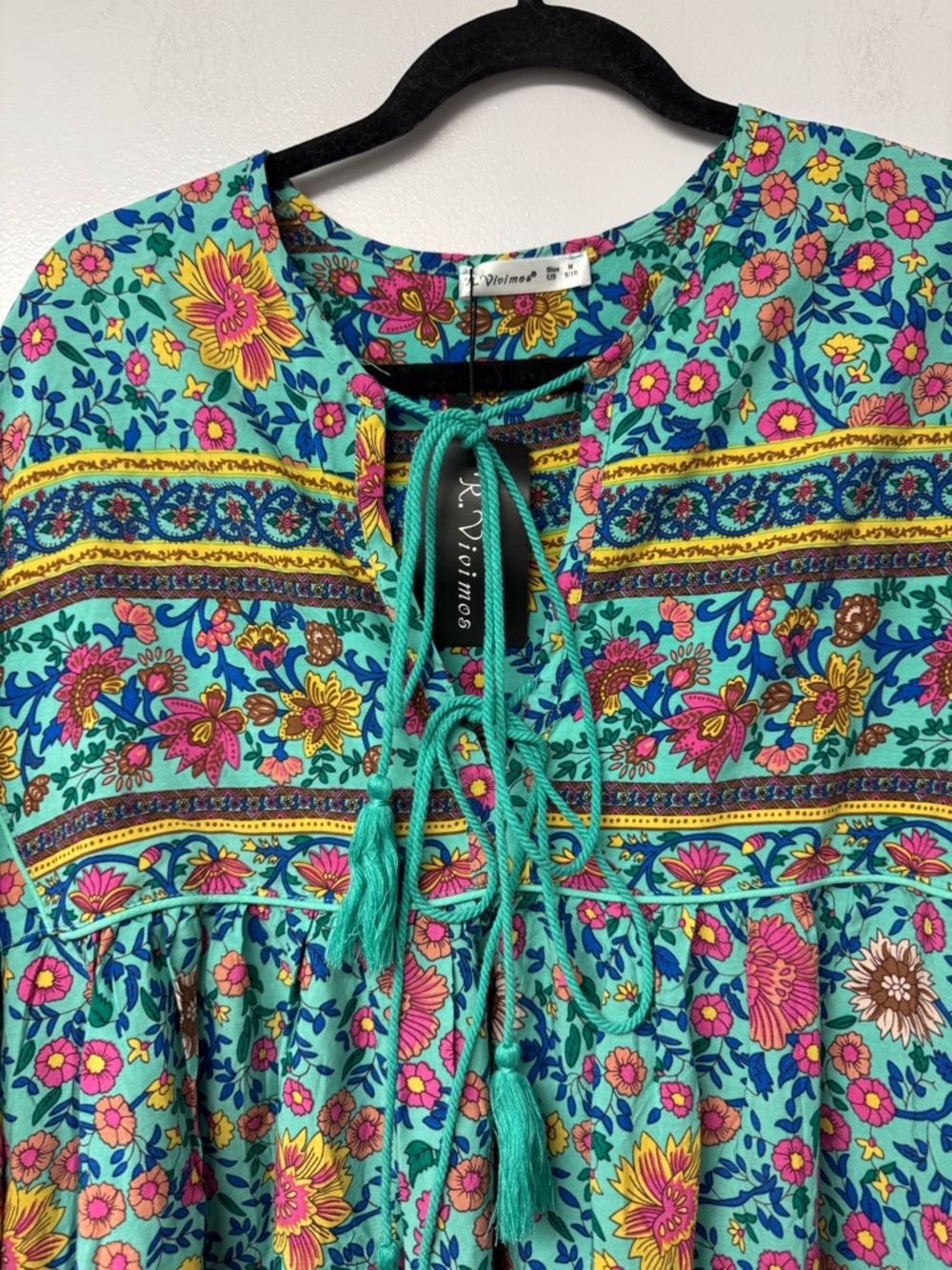 R Vivimos Boho Floral Midi Dress Womens M Teal Tassel Tie V Neck NWT Peasant A4 - Picture 10 of 15